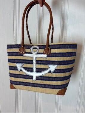 Nautical Straw Tote Bag / Beach Tote w/ Anchor Appliqué